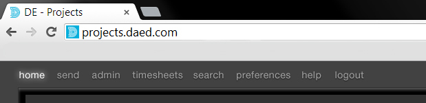 A screenshot of a tab in a browser showing projects.daed.com. The top nav bar of the website is visible and features the following options: home, send, admin, timesheets, search, preferences, help, and logout.