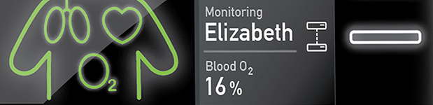 A close-up of a healthcare interface screen showing blood oxygen stats. From left to right: a glowing green humanoid outline with simple graphics of a heart and lungs; a dark grey box shows the white text with patient info; a glowing white button.