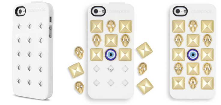 A white smart phone case is shown without pops, with half the case covered in gold pops with varying designs, and then shown completely covered.