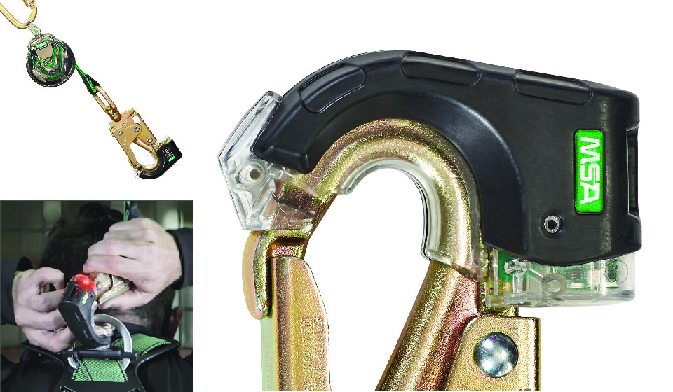 A composite image is shown, which includes an image of a person connecting the MSA fall safety sensor hook to a safety harness that he is wearing, as well as a full image of the hook and a close-up view of the sensor mechanism.