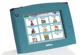 The Dynavox Touch Based Communication device is shown with a screen that allows the user to tap images.