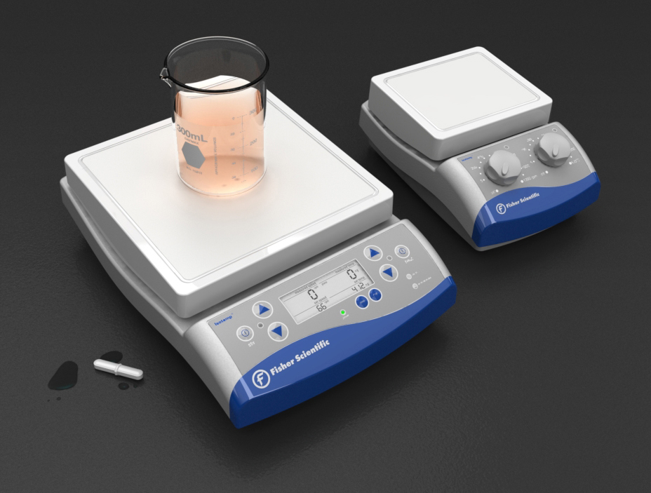 The smaller and larger versions of the low-profile stirring hot plate are shown, one of which has a clear glass of a pink liquid sitting on top of it.