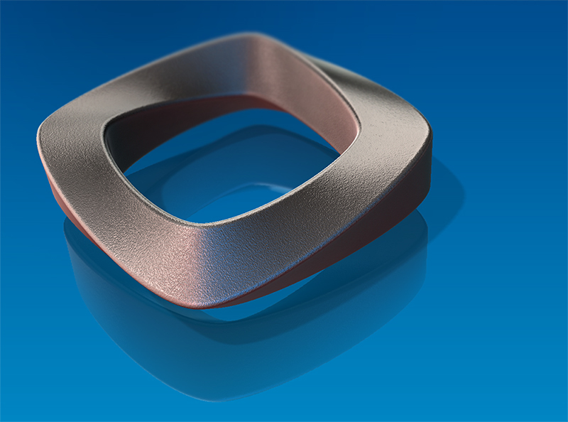 A computer-generated form of a gray and solid-looking Mobius strip on a blue background.