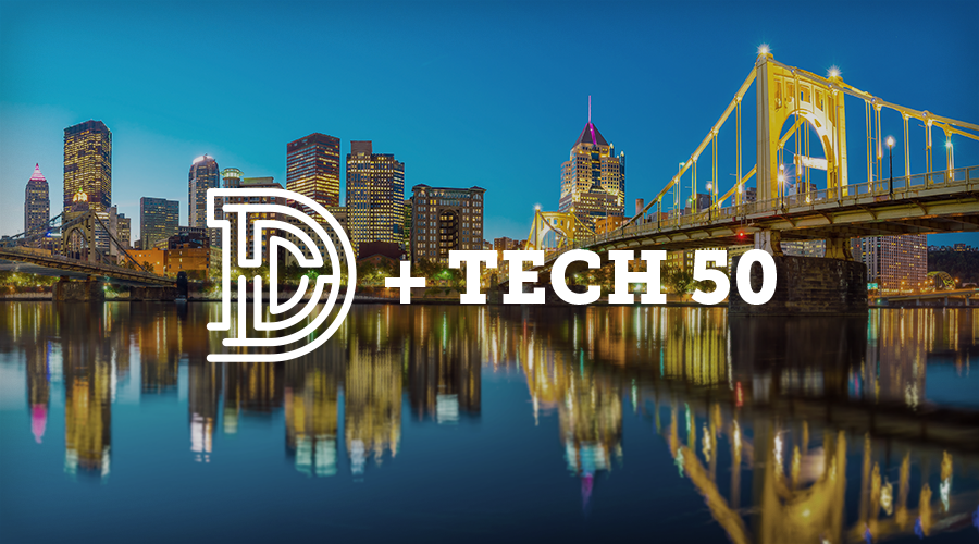 The Daedalus D logo and the Tech 50 logo are superimposed over an image of Pittsburgh and the Roberto Clemente Bridge at dusk.