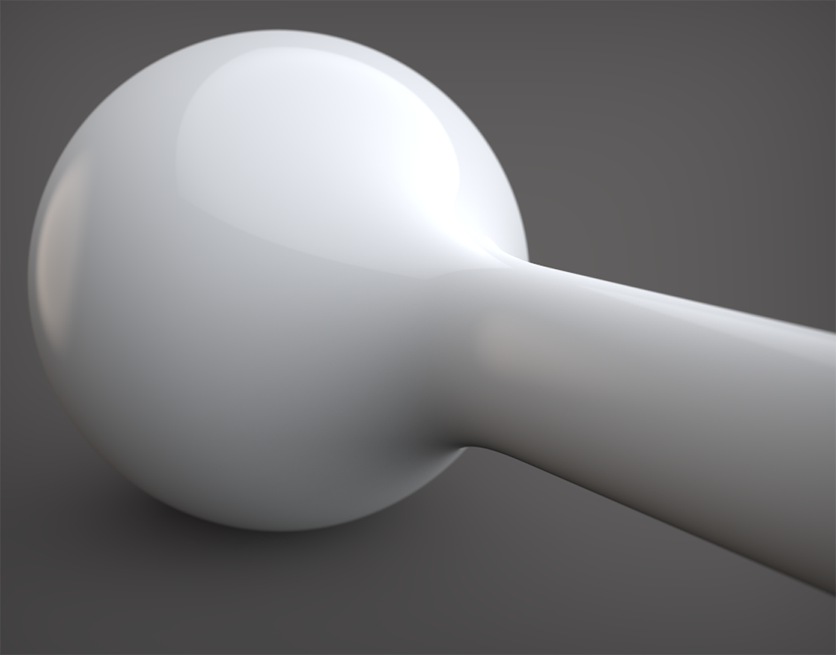 A smooth, white computer-generated form on a gray background, that looks like a rod with a ball on the end.