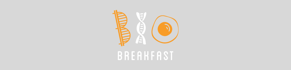 The Bio Breakfast logo is displayed, where the "b" in bio is a Pittsburgh bridge turned sideways, the "i" is a DNA spiral, and the "o" is a fried egg.